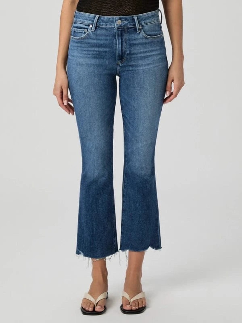 PAIGE Colette Cropped Flare Jeans Ankle Raw Hem Stretch Denim Blue